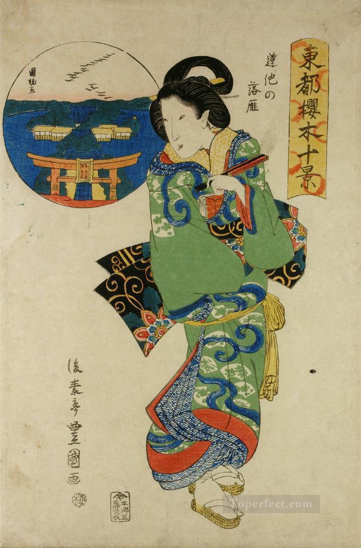 Mujer con representación insertada de gansos salvajes en hasu no ike Utagawa Toyokuni japonés Pintura al óleo